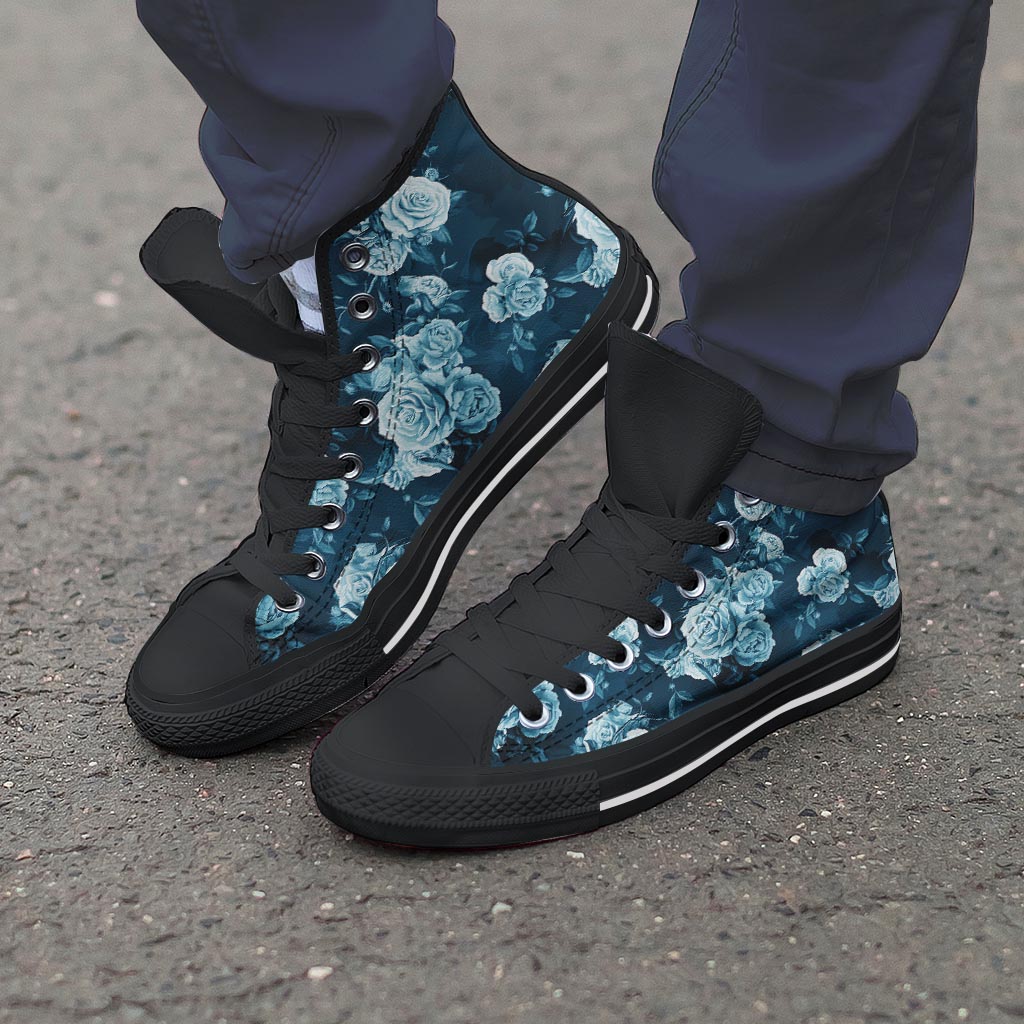 Blue Rose Floral Men's High Top Shoes-grizzshop