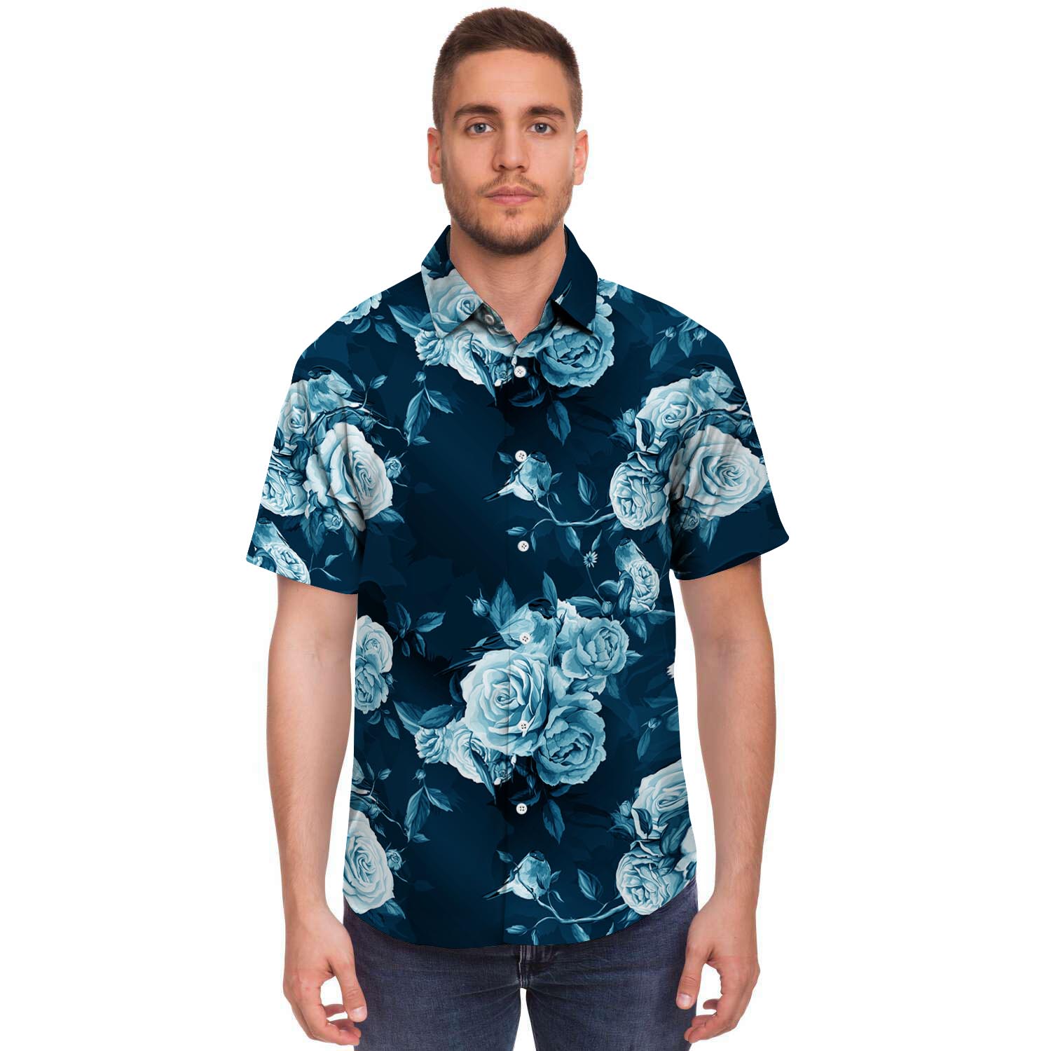 Blue Rose Floral Men's Short Sleeve Shirt-grizzshop