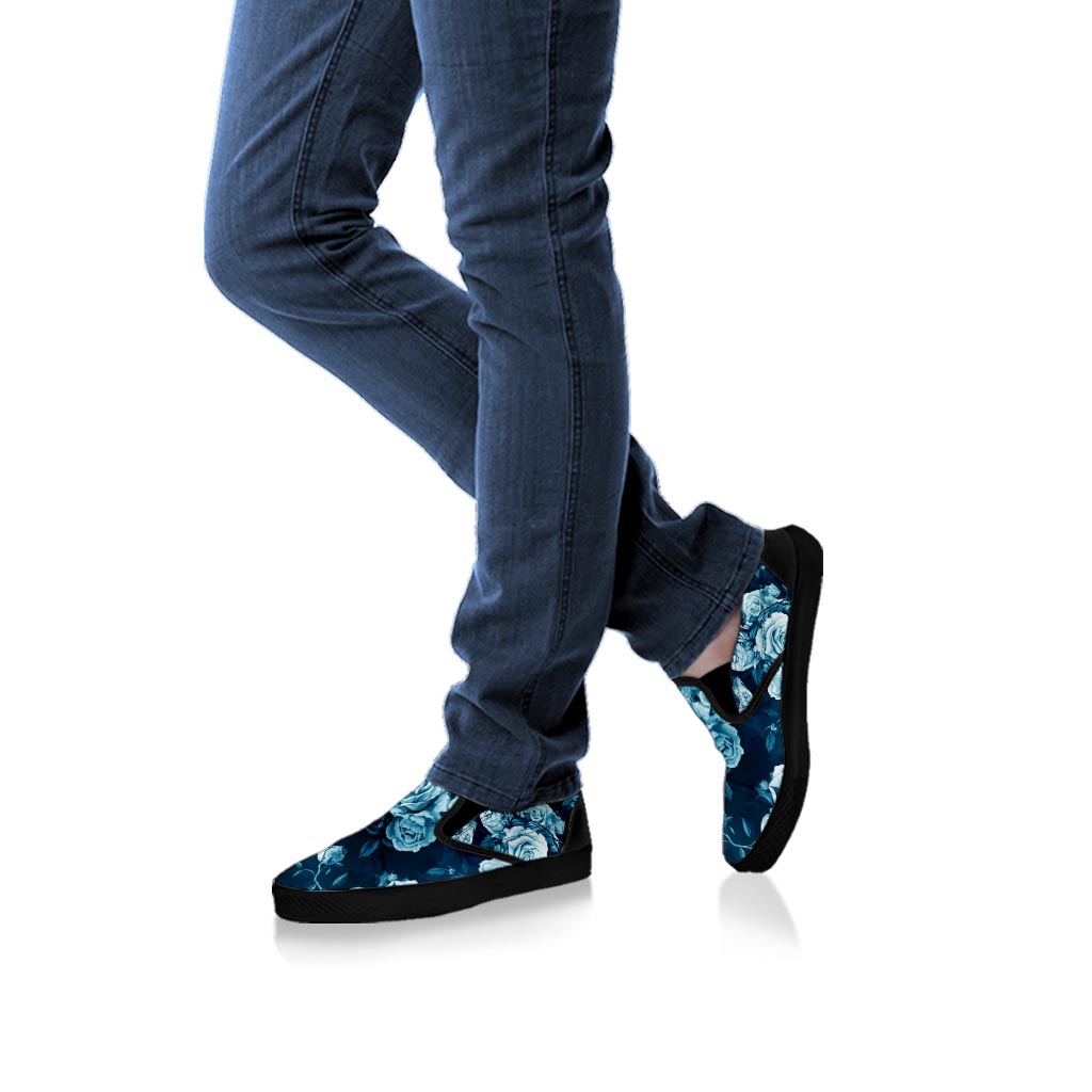 Blue Rose Floral Men's Slip On Sneakers-grizzshop
