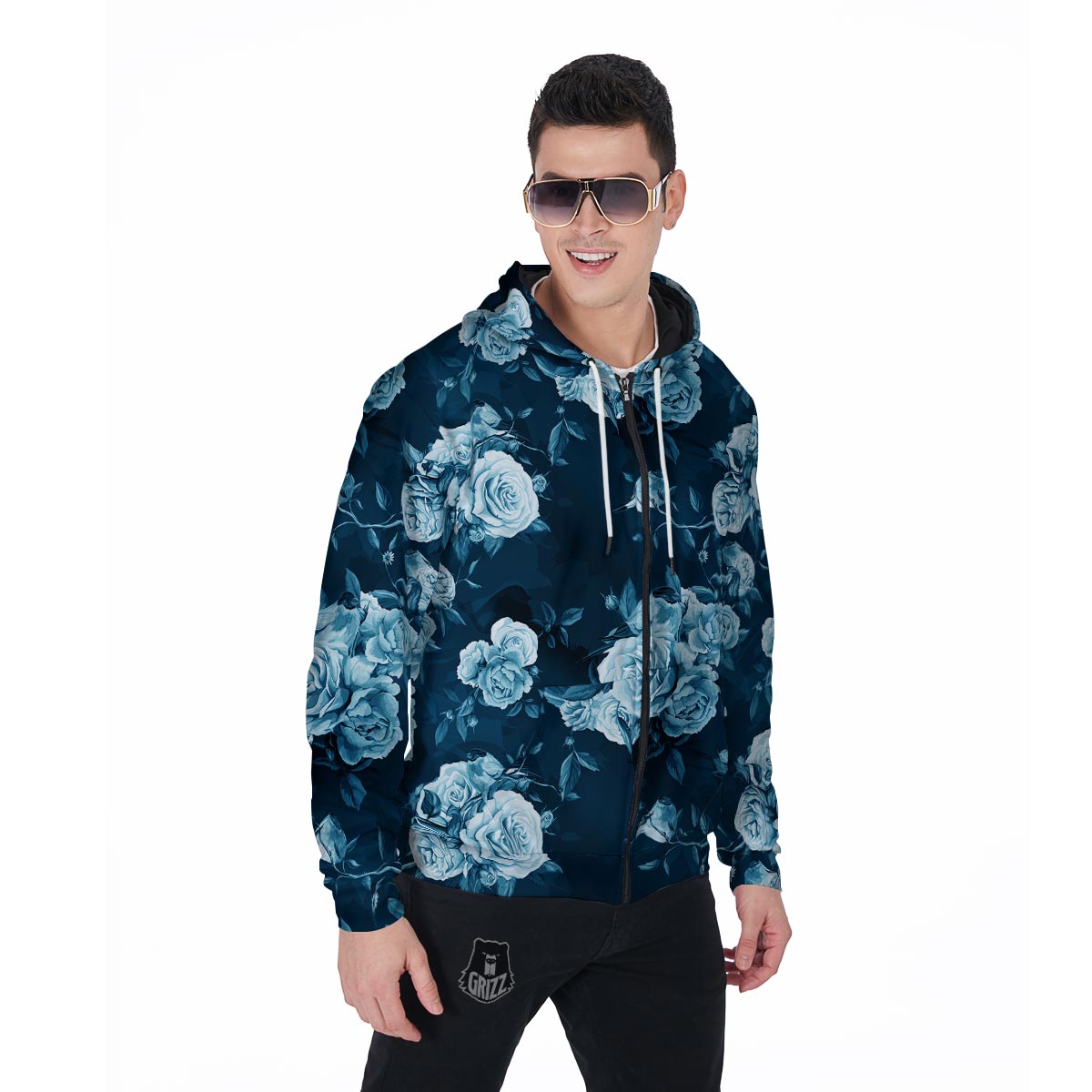 Blue Rose Floral Men's Zip Up Hoodie-grizzshop