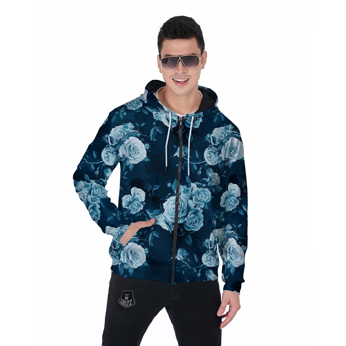 Blue Rose Floral Men's Zip Up Hoodie-grizzshop