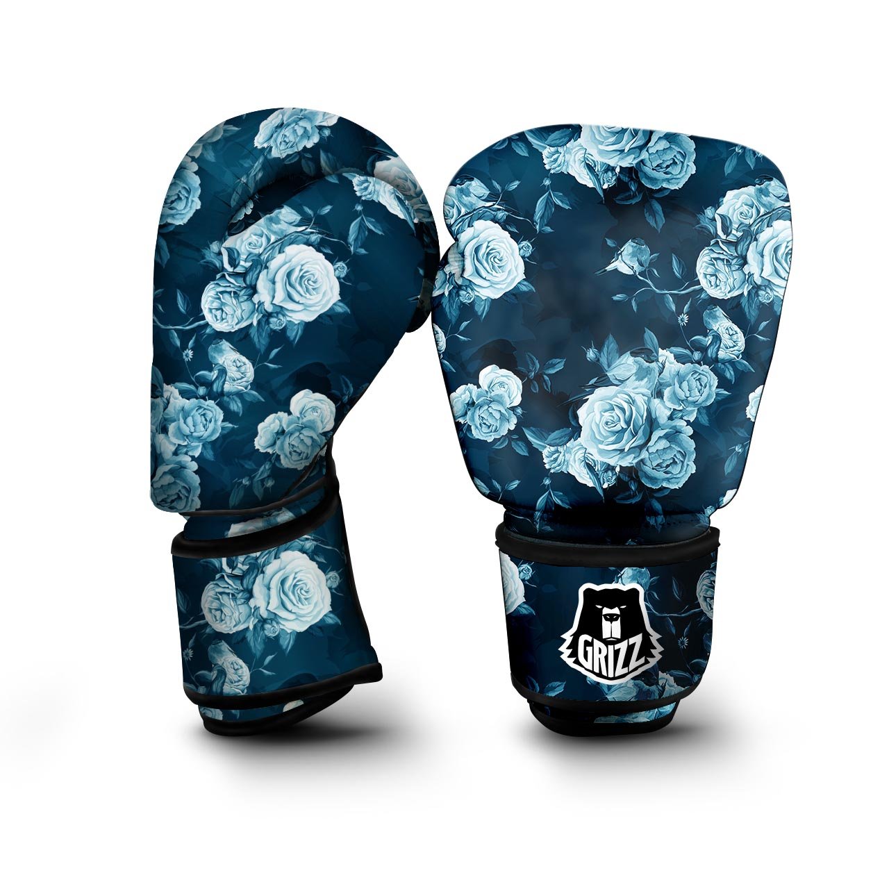 Blue Rose Floral Print Boxing Gloves-grizzshop