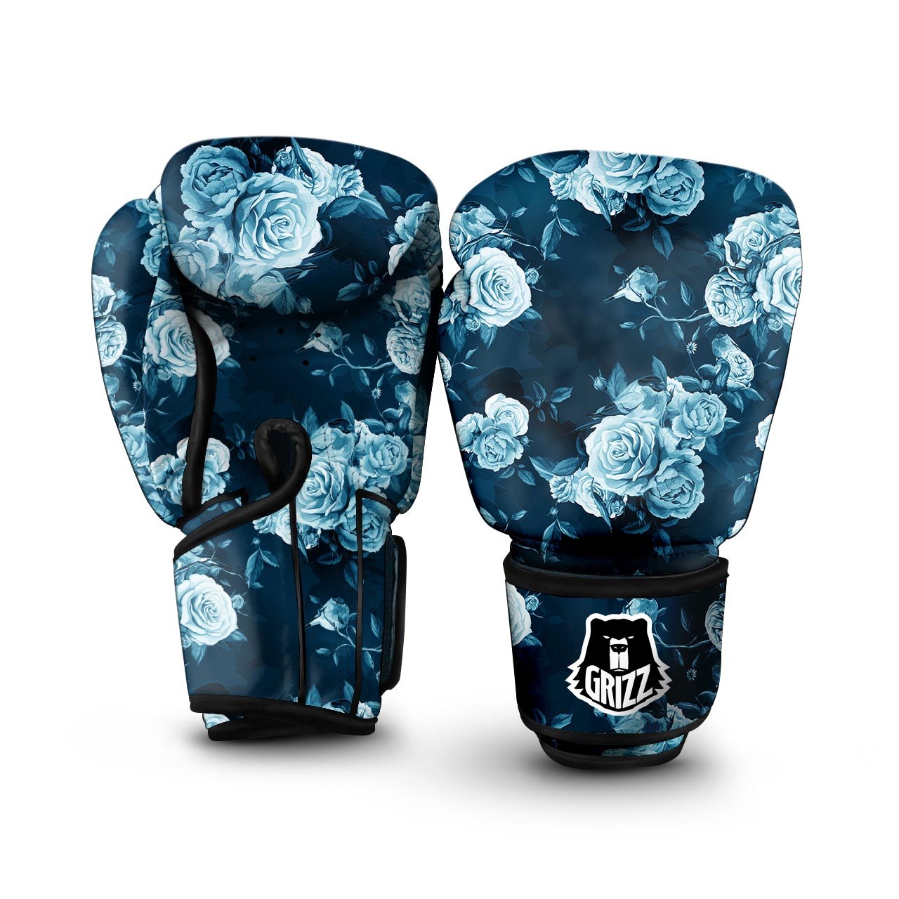 Blue Rose Floral Print Boxing Gloves-grizzshop