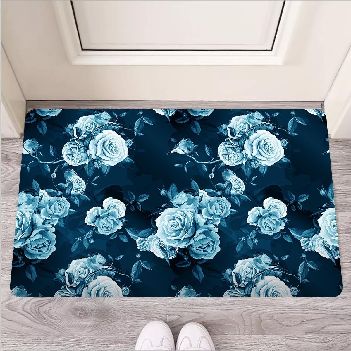 Blue Rose Floral Print Door Mat-grizzshop