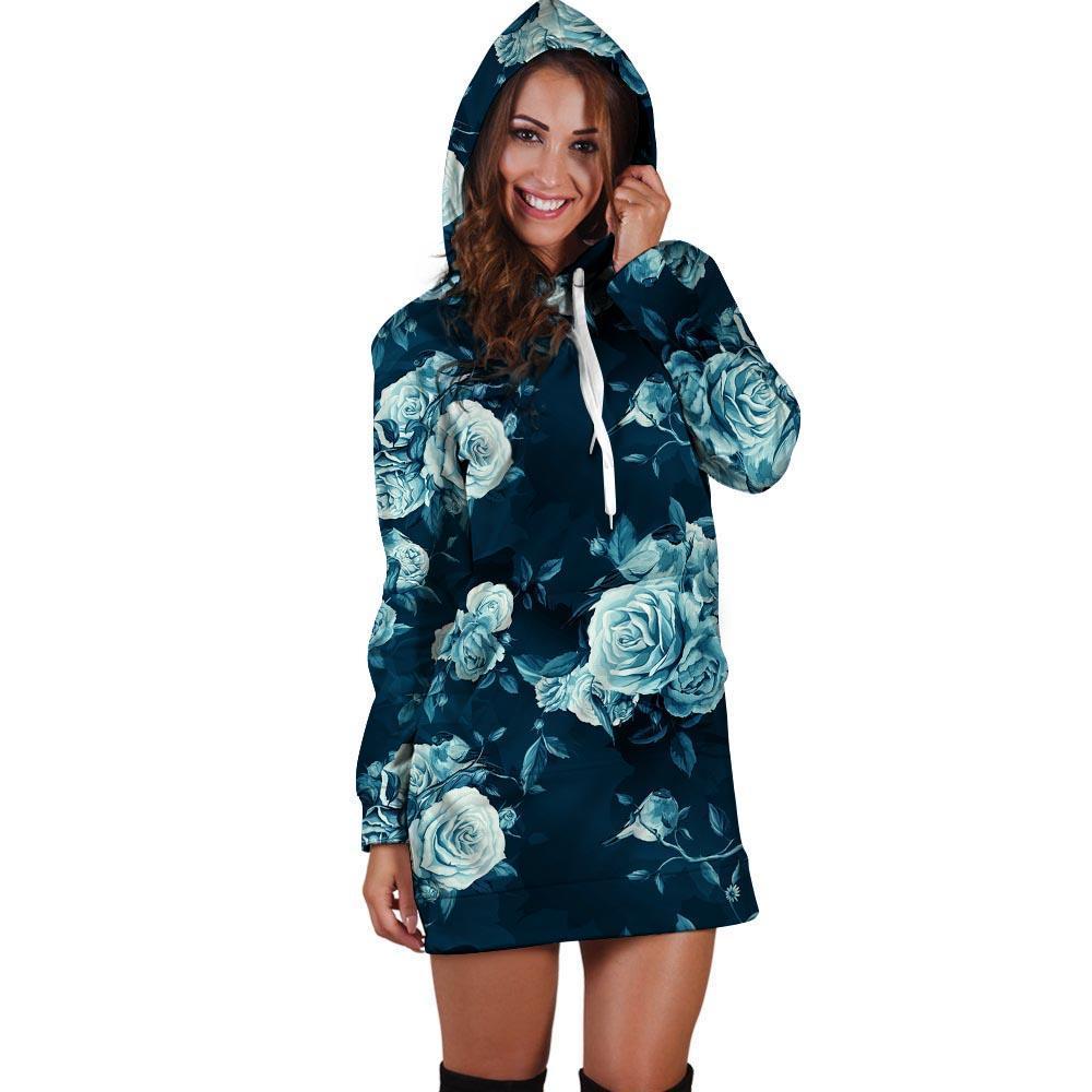 Blue Rose Floral Print Hoodie Dress-grizzshop