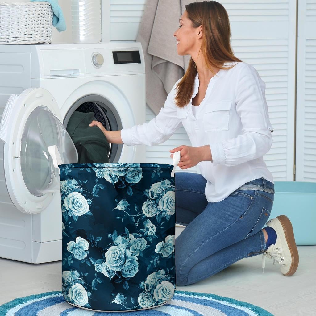 Blue Rose Floral Print Laundry Basket-grizzshop