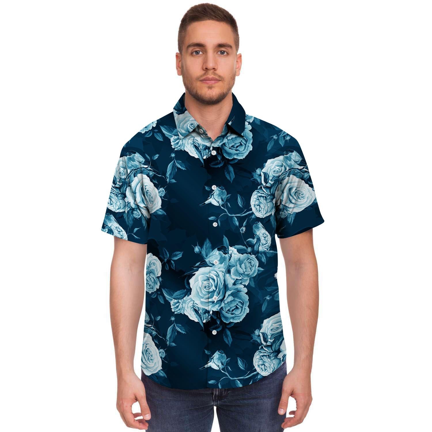 Blue Rose Floral Print Men's Short Sleeve Shirt-grizzshop