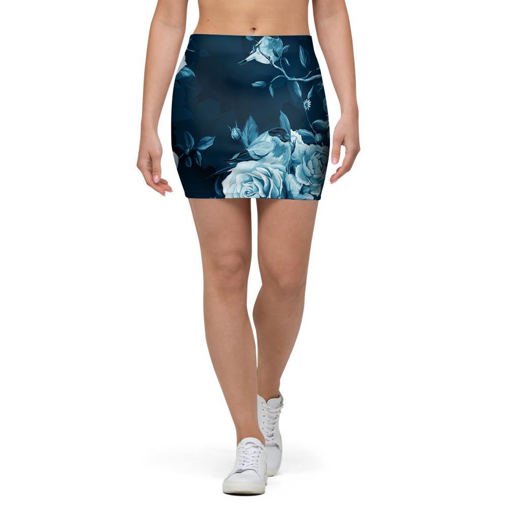 Blue Rose Floral Print Mini Skirt-grizzshop