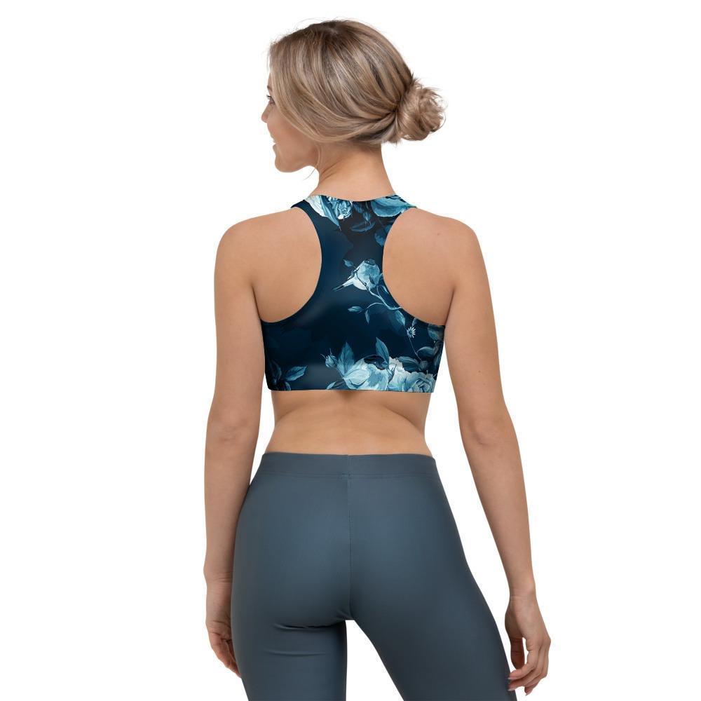 Blue Rose Floral Print Sports Bra-grizzshop