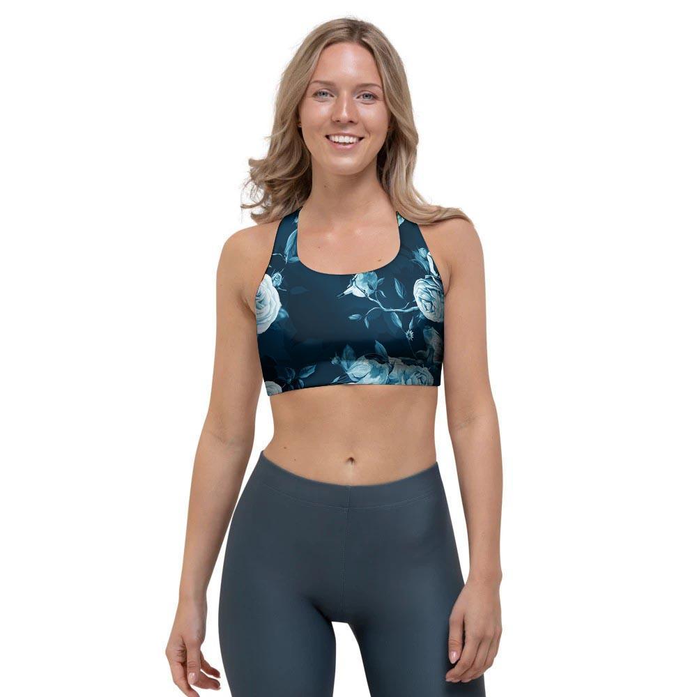 Blue Rose Floral Print Sports Bra-grizzshop