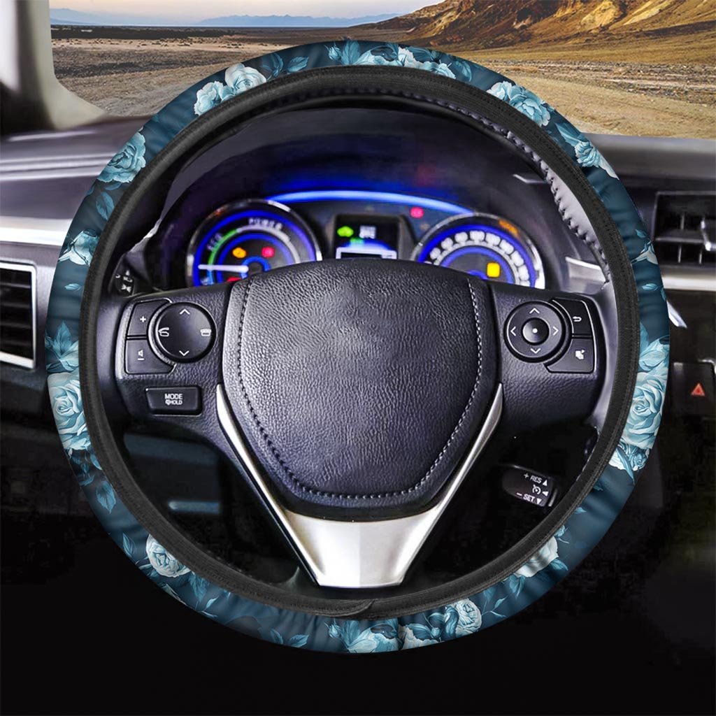 Blue Rose Floral Print Steering Wheel Cover-grizzshop