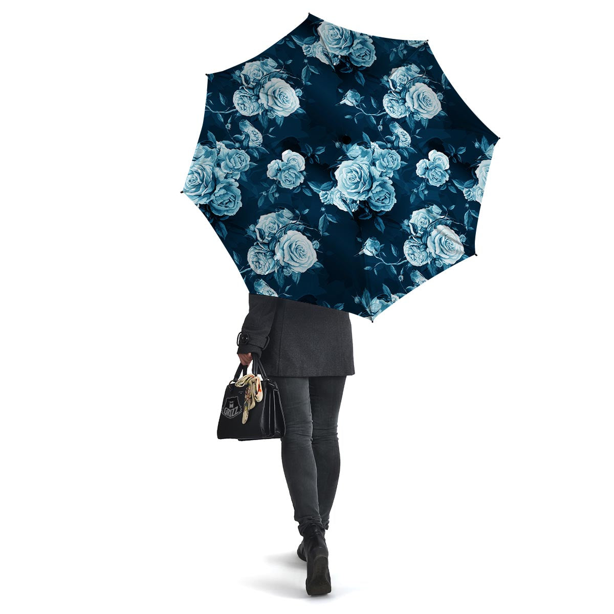 Blue Rose Floral Print Umbrella-grizzshop