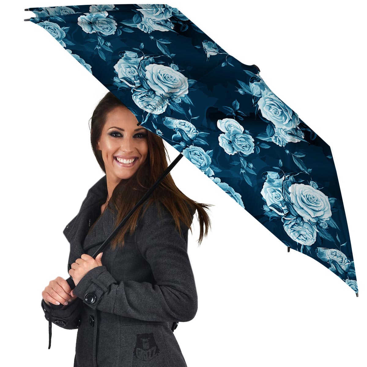 Blue Rose Floral Print Umbrella-grizzshop