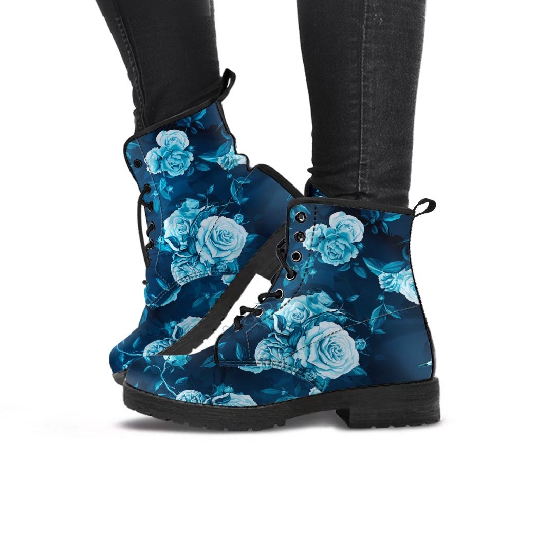 Blue Rose Floral Print Women's Boots-grizzshop