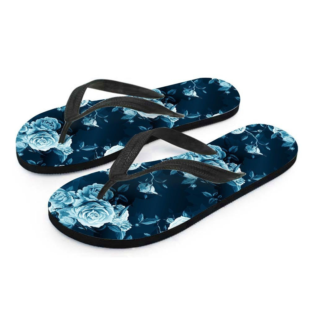 Blue Rose Floral Print Women's Flip Flops-grizzshop