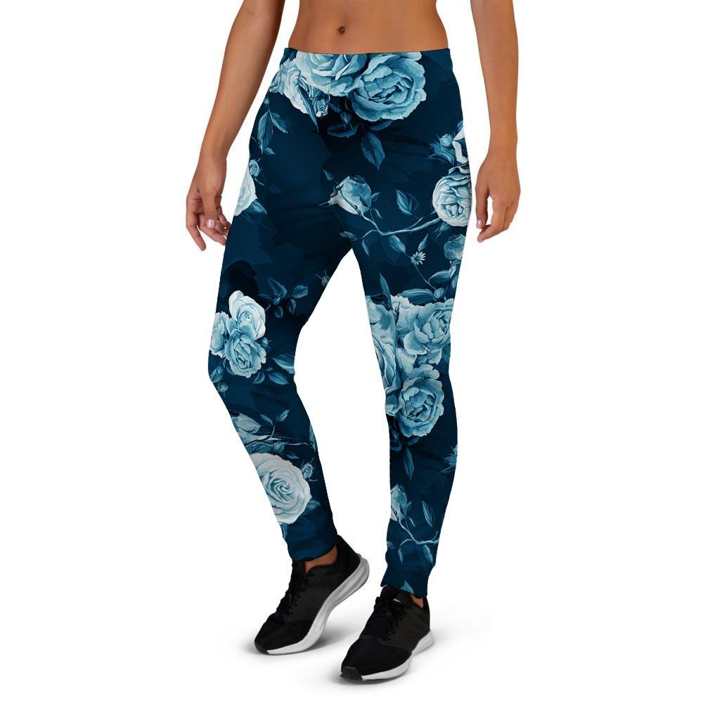 Blue Rose Floral Print Women's Joggers-grizzshop