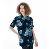 Blue Rose Floral Print Women's Short Sleeve Shirts-grizzshop