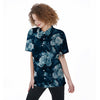 Blue Rose Floral Print Women's Short Sleeve Shirts-grizzshop