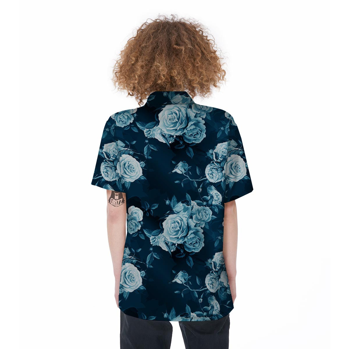 Blue Rose Floral Print Women's Short Sleeve Shirts-grizzshop