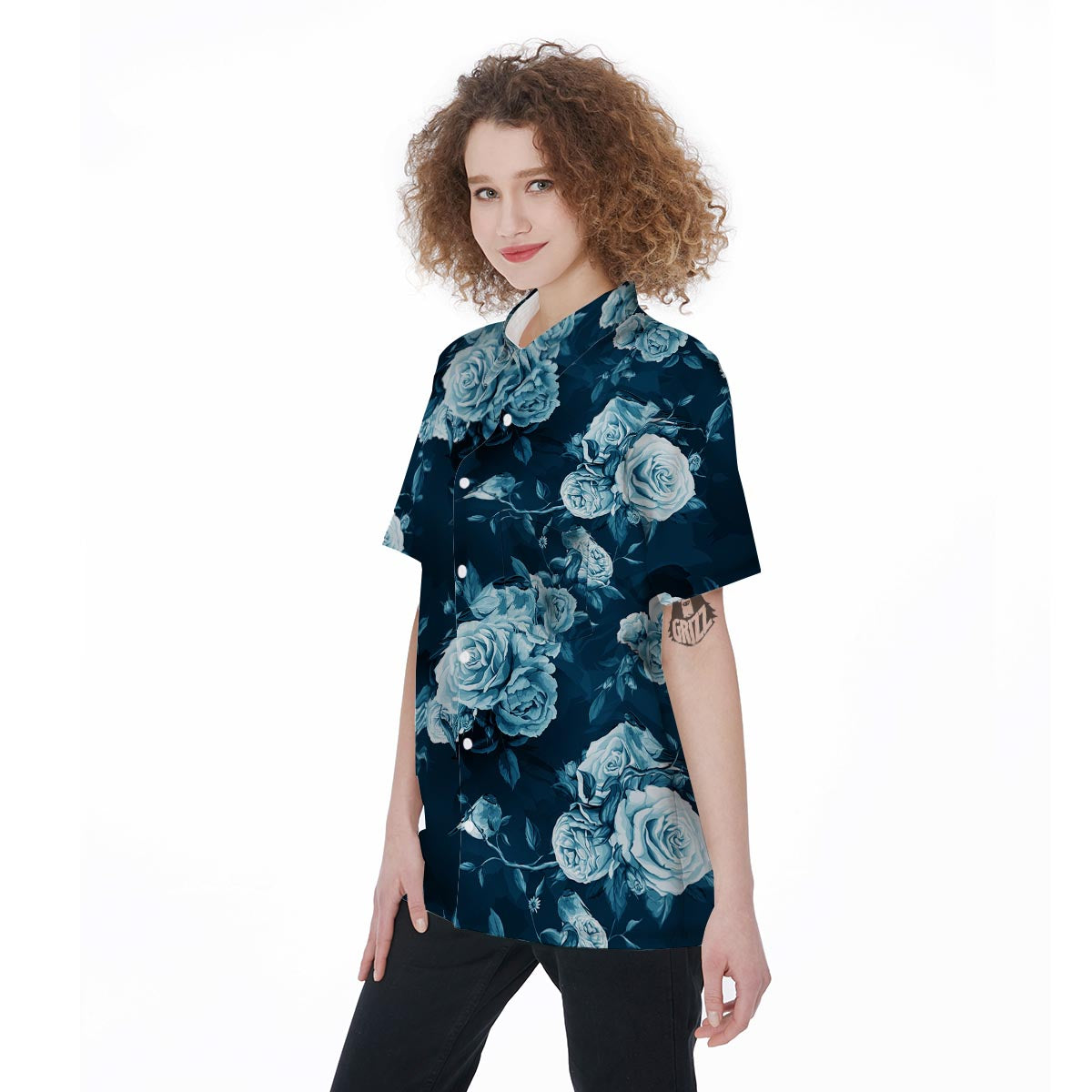 Blue Rose Floral Print Women's Short Sleeve Shirts-grizzshop