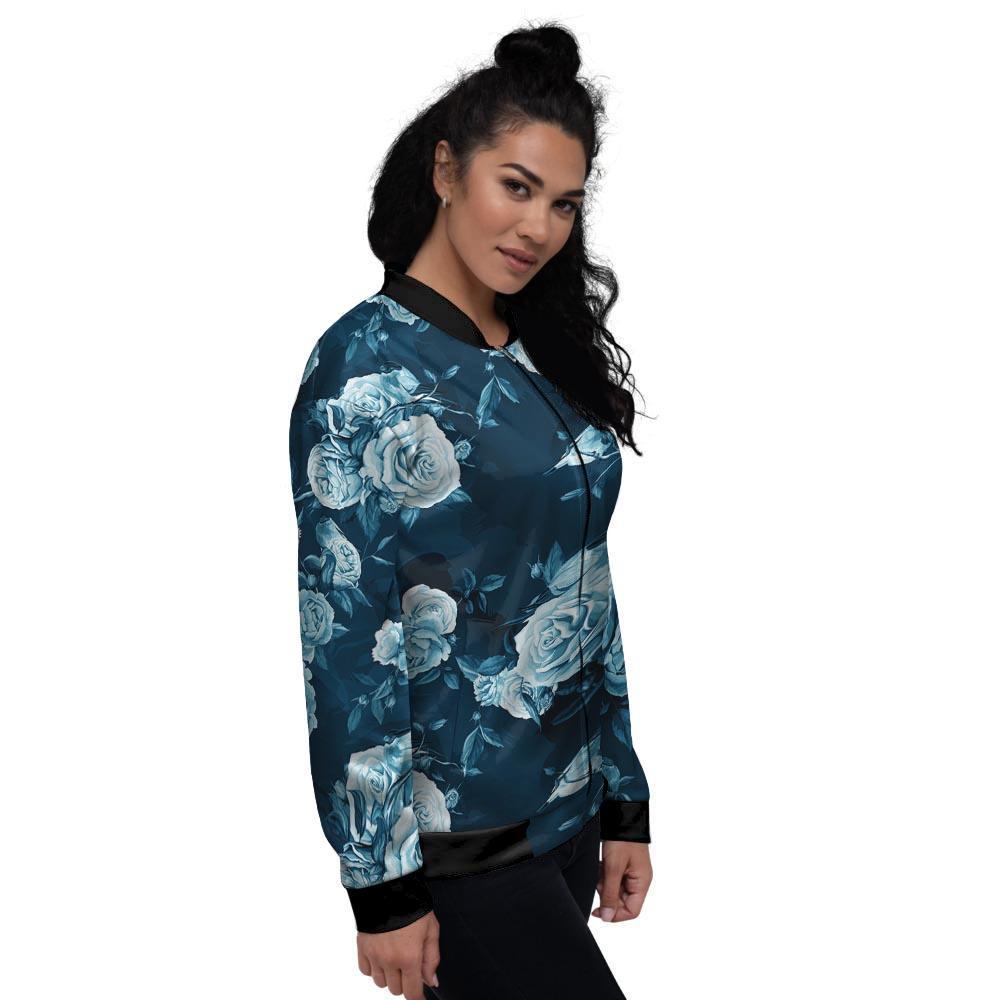 Blue Rose Floral Women's Bomber Jacket-grizzshop