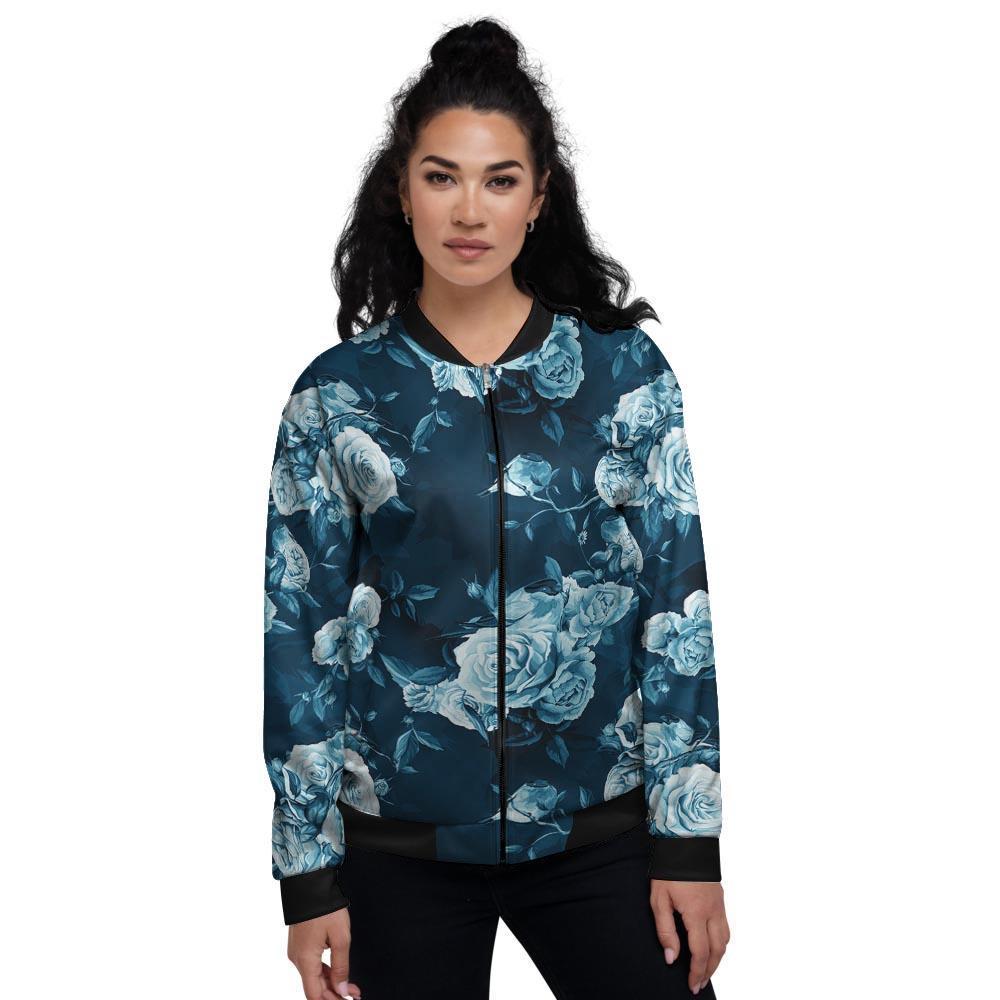 Blue Rose Floral Women's Bomber Jacket-grizzshop