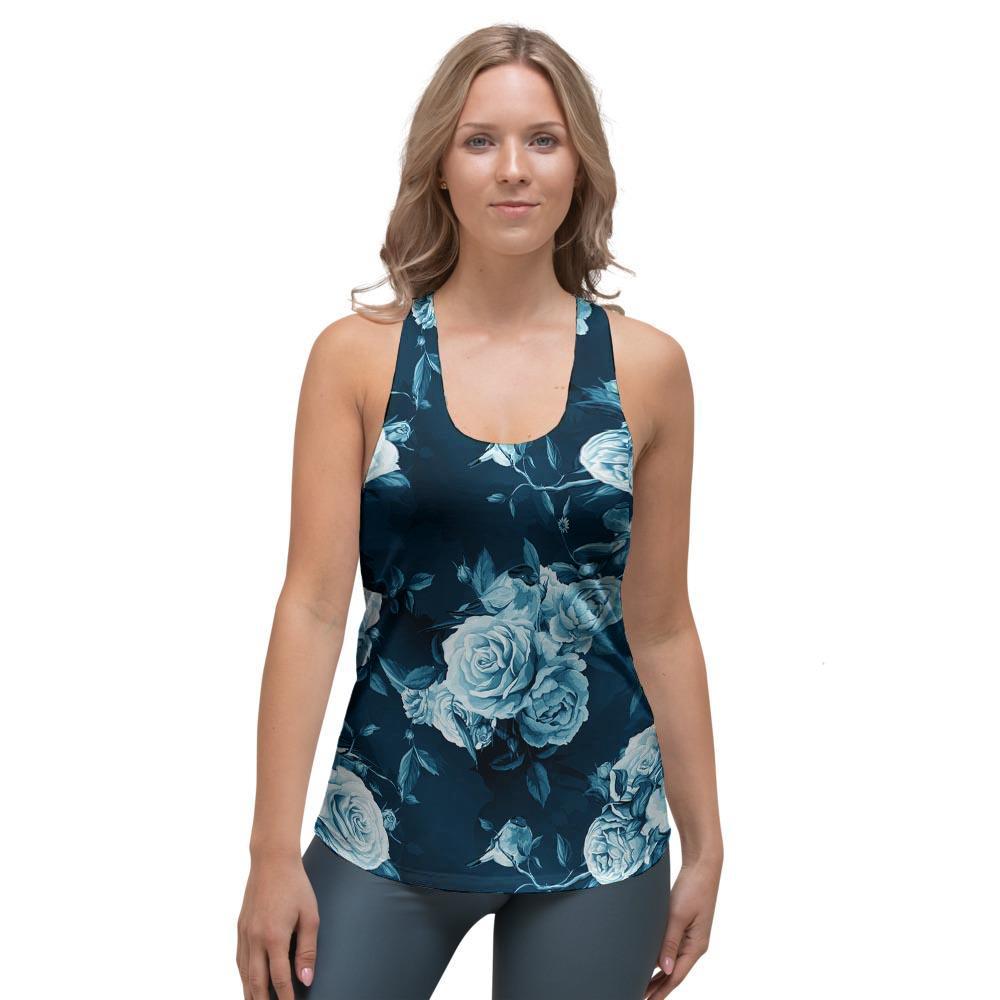 Blue Rose Floral Women's Racerback Tank Top-grizzshop