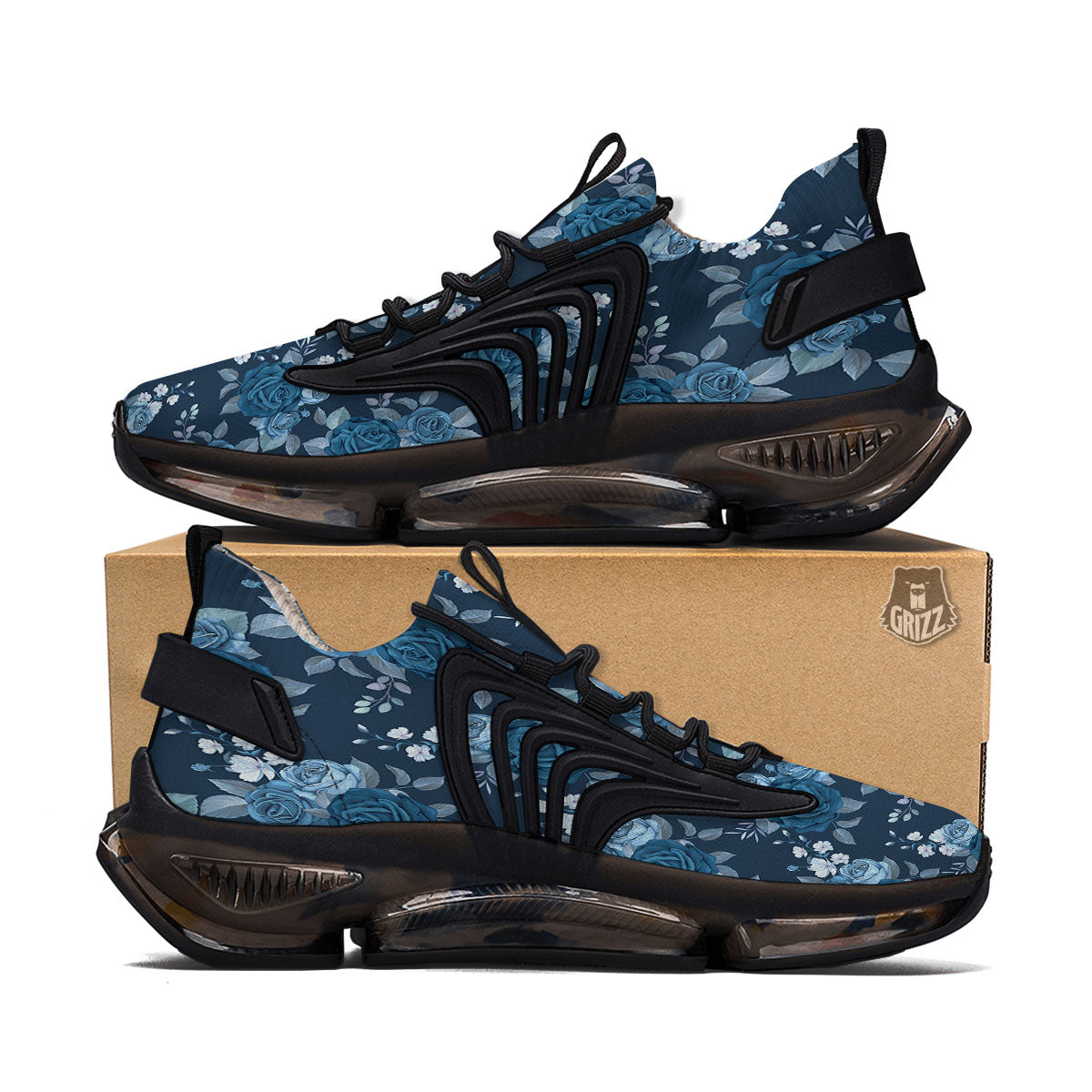 Blue Rose Royal Print Pattern Black Gym Shoes-grizzshop