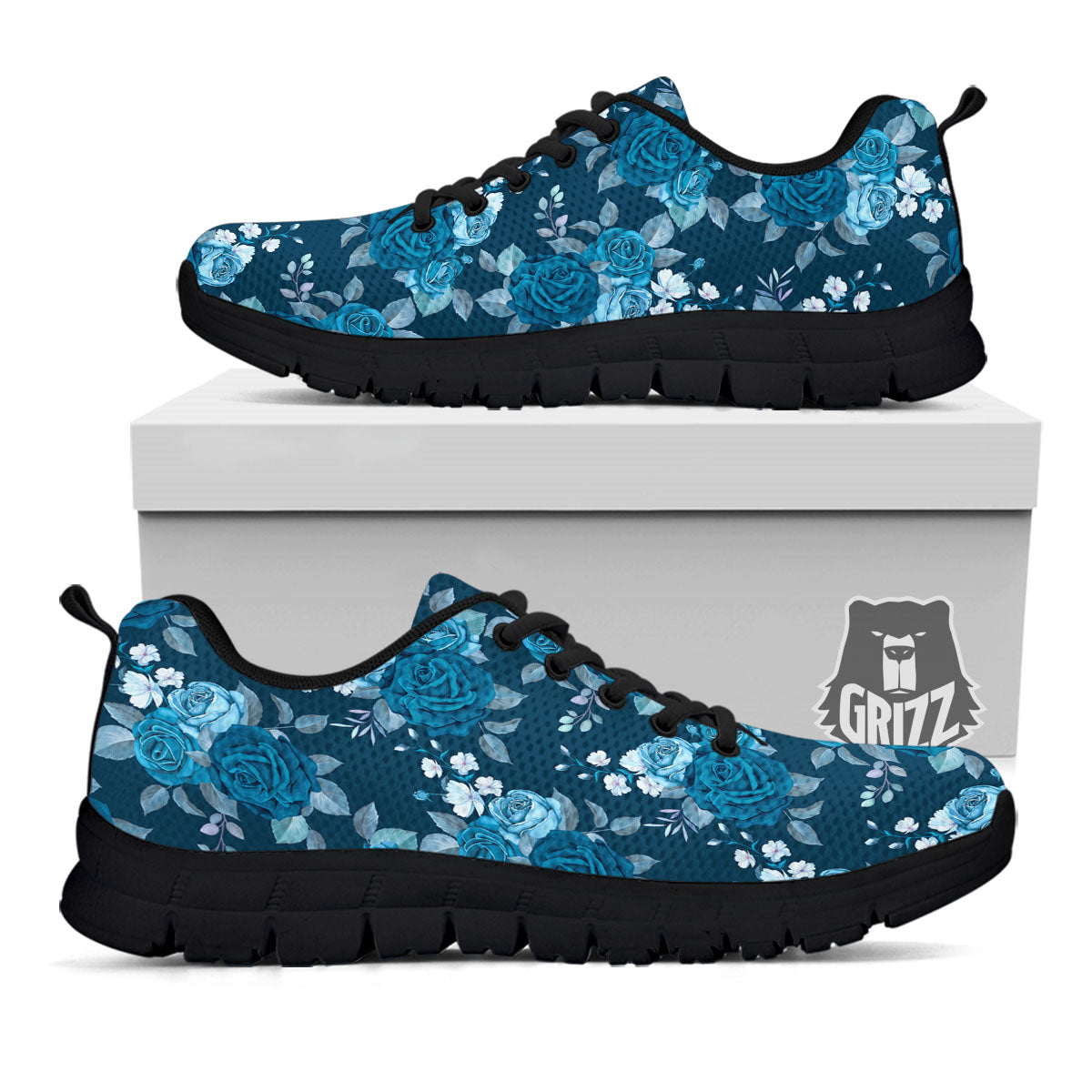 Blue Rose Royal Print Pattern Black Sneaker-grizzshop