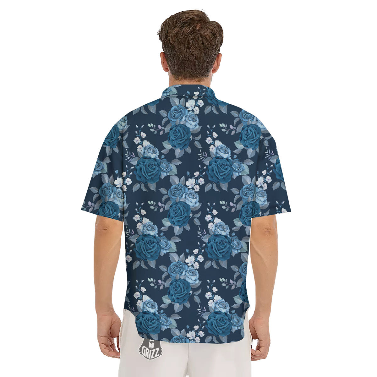 Blue Rose Royal Print Pattern Men's Short Sleeve Shirts-grizzshop