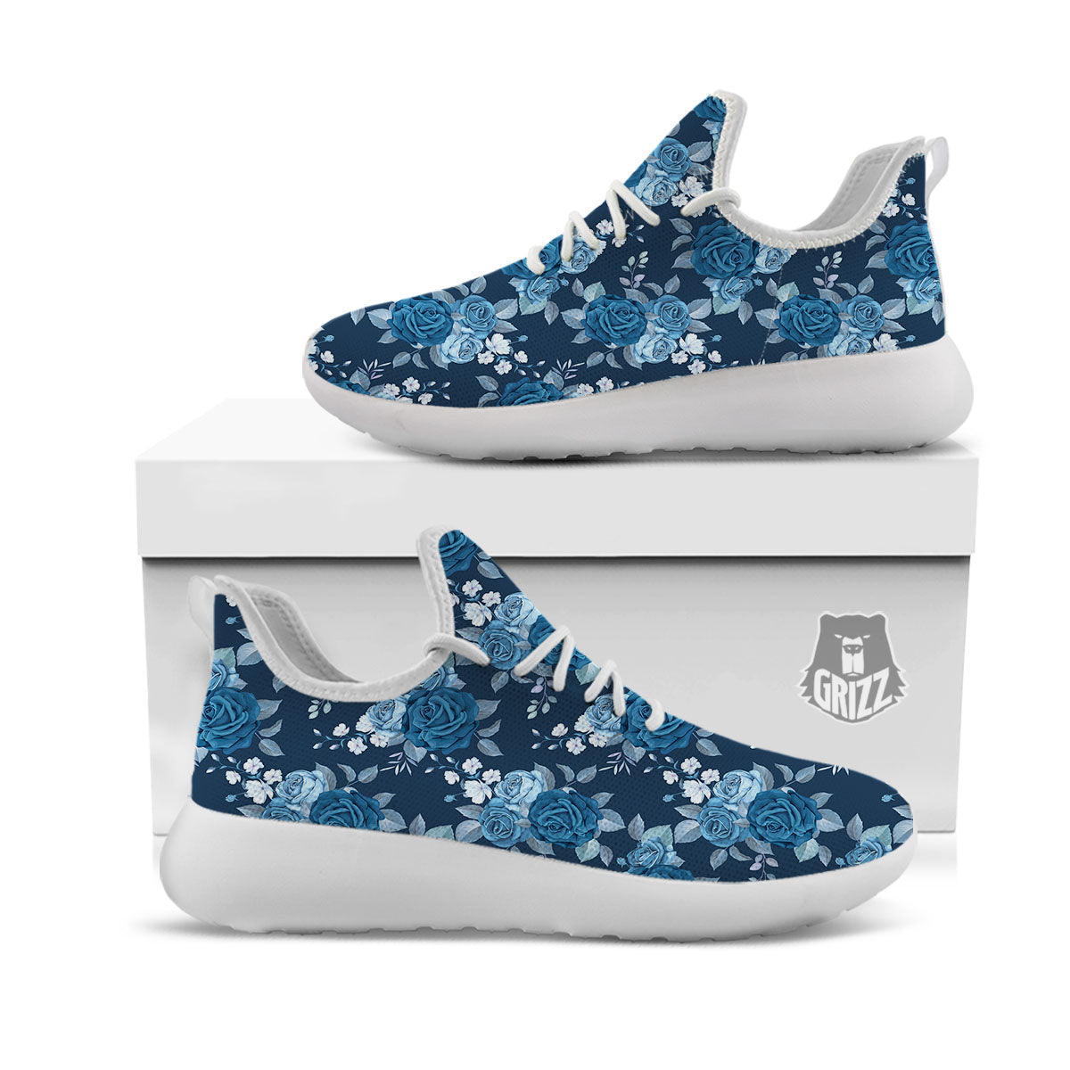 Blue Rose Royal Print Pattern White Athletic Shoes-grizzshop