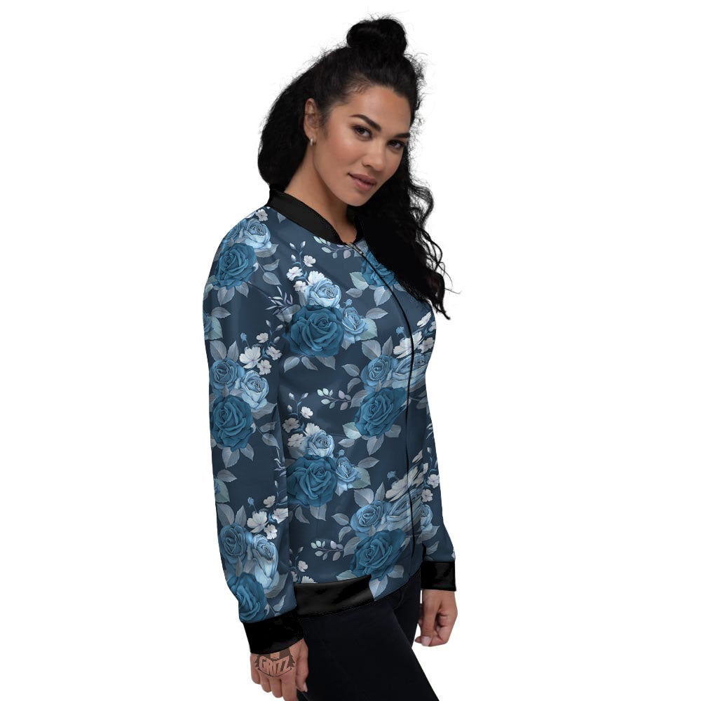 Blue Rose Royal Print Pattern Women's Bomber Jacket-grizzshop