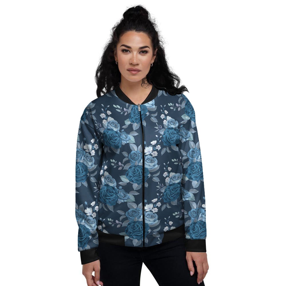 Blue Rose Royal Print Pattern Women's Bomber Jacket-grizzshop