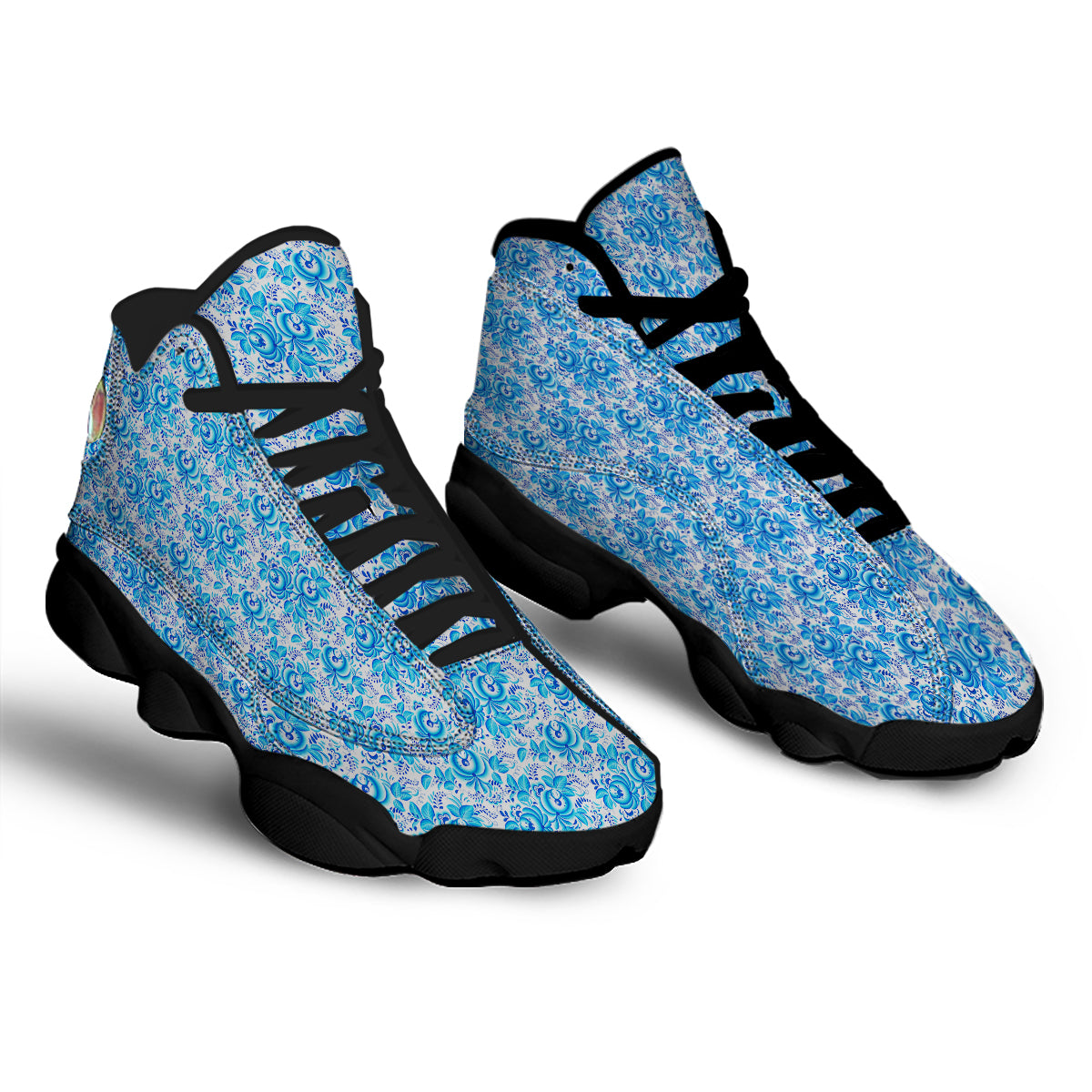 Blue Russian Floral Gzhel Print Pattern Black Basketball Shoes-grizzshop
