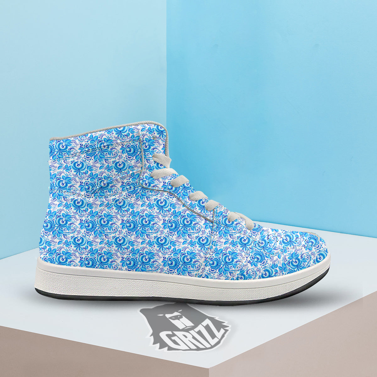 Blue Russian Floral Gzhel Print Pattern High Top Sneakers-grizzshop