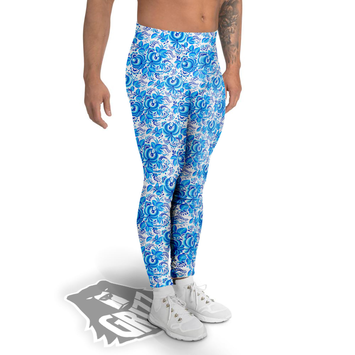 Blue Russian Floral Gzhel Print Pattern Men's Leggings-grizzshop