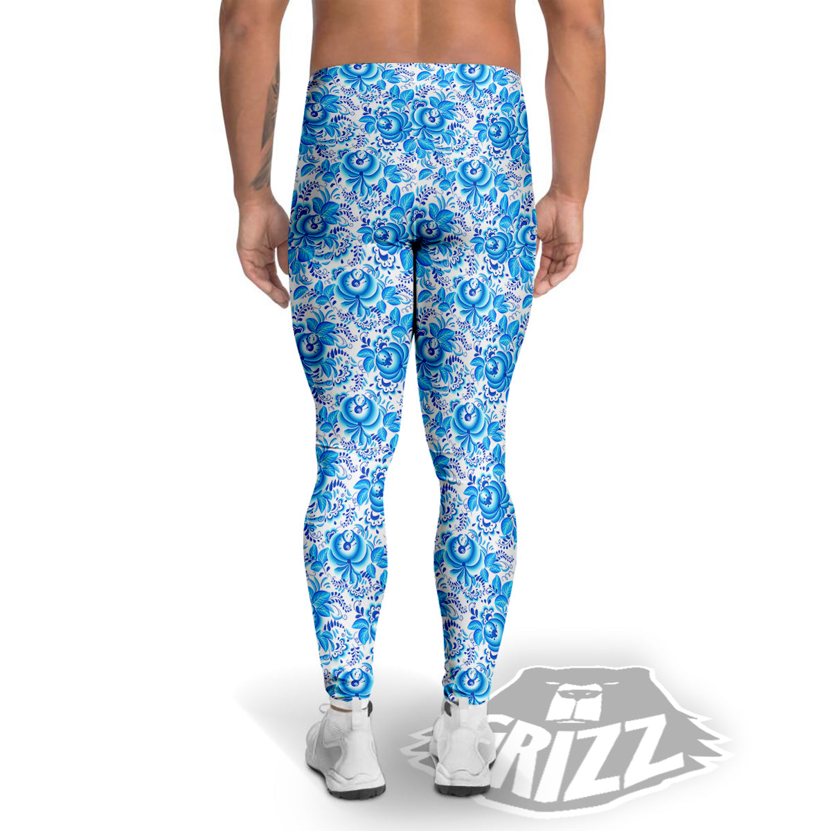 Blue Russian Floral Gzhel Print Pattern Men's Leggings-grizzshop