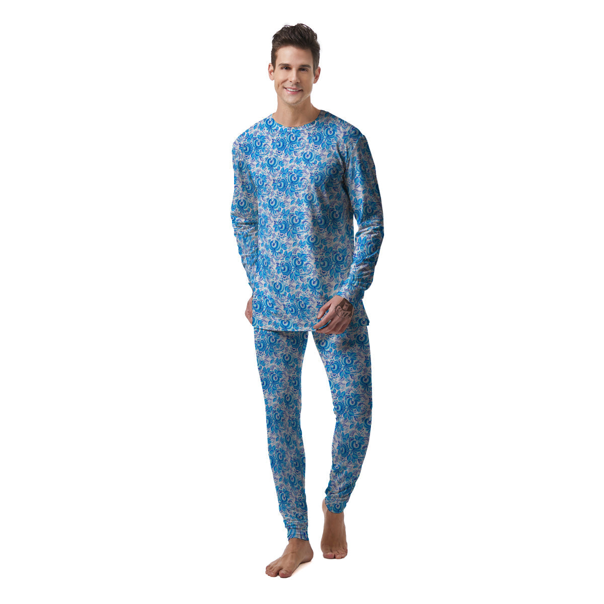 Blue Russian Floral Gzhel Print Pattern Men's Pajamas-grizzshop