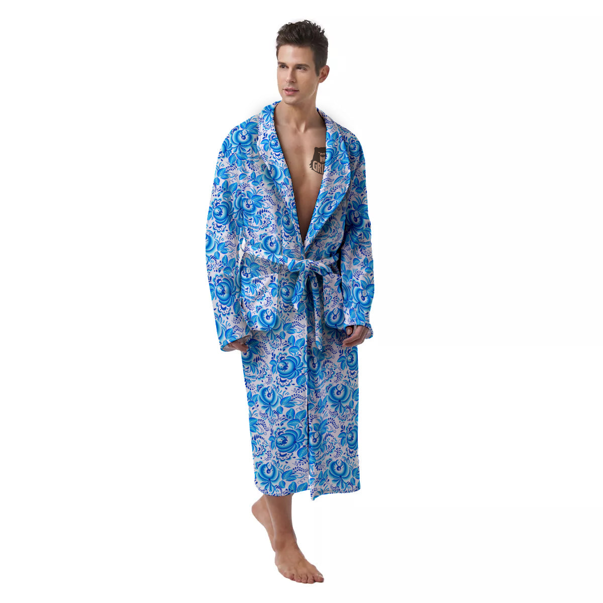 Blue Russian Floral Gzhel Print Pattern Men's Robe-grizzshop