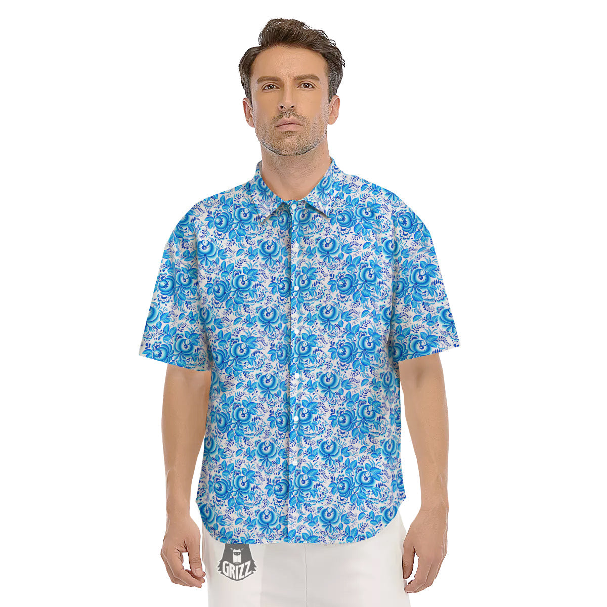 Blue Russian Floral Gzhel Print Pattern Men's Short Sleeve Shirts-grizzshop