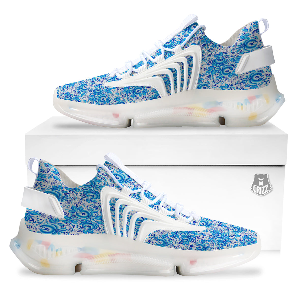 Blue Russian Floral Gzhel Print Pattern White Gym Shoes