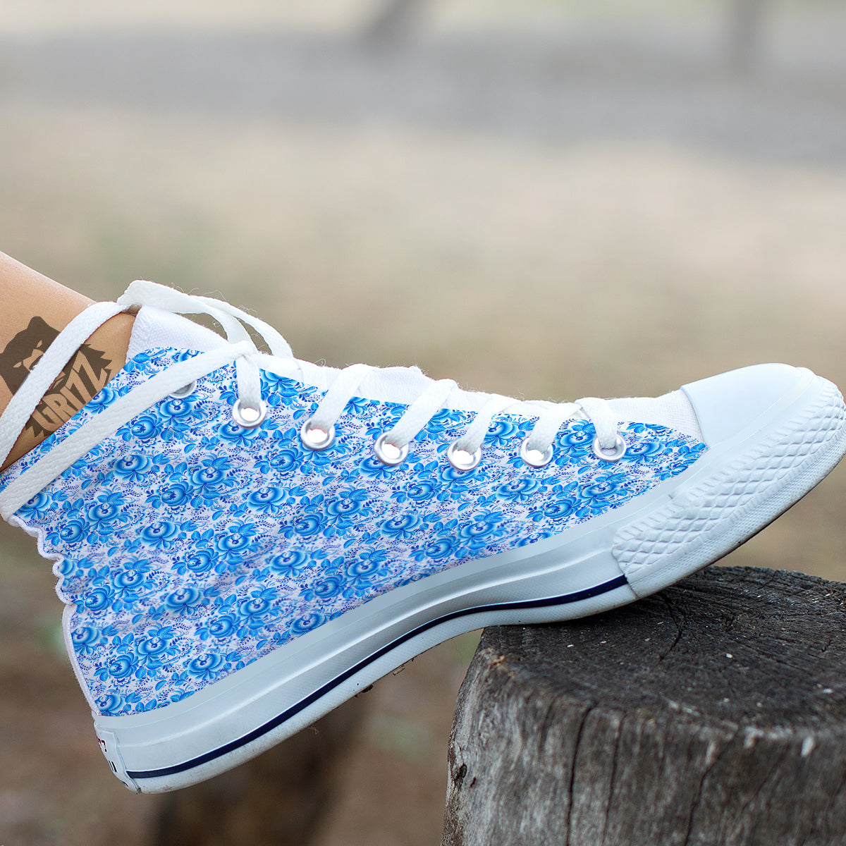 Blue Russian Floral Gzhel Print Pattern White High Top Shoes-grizzshop