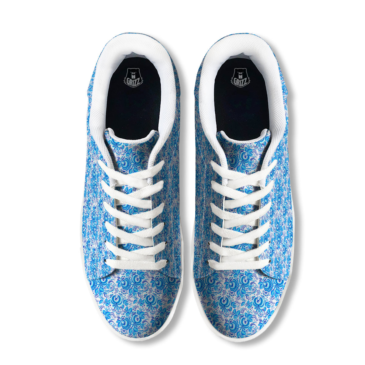 Blue Russian Floral Gzhel Print Pattern White Low Top Sneakers-grizzshop