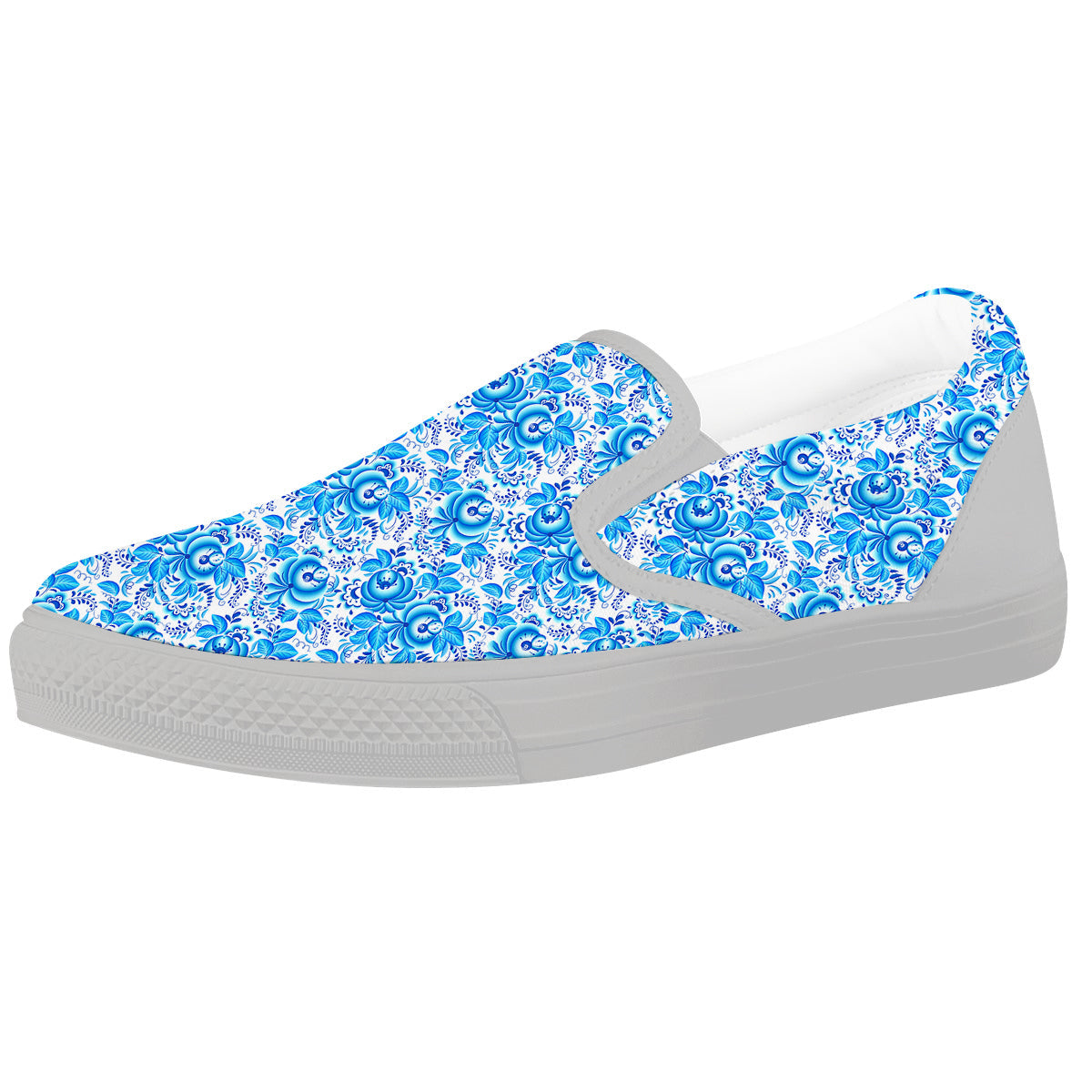 Blue Russian Floral Gzhel Print Pattern White Slip On Shoes-grizzshop