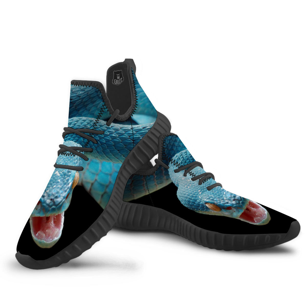 Blue Scary Viper Snake Print Black Walking Shoes-grizzshop