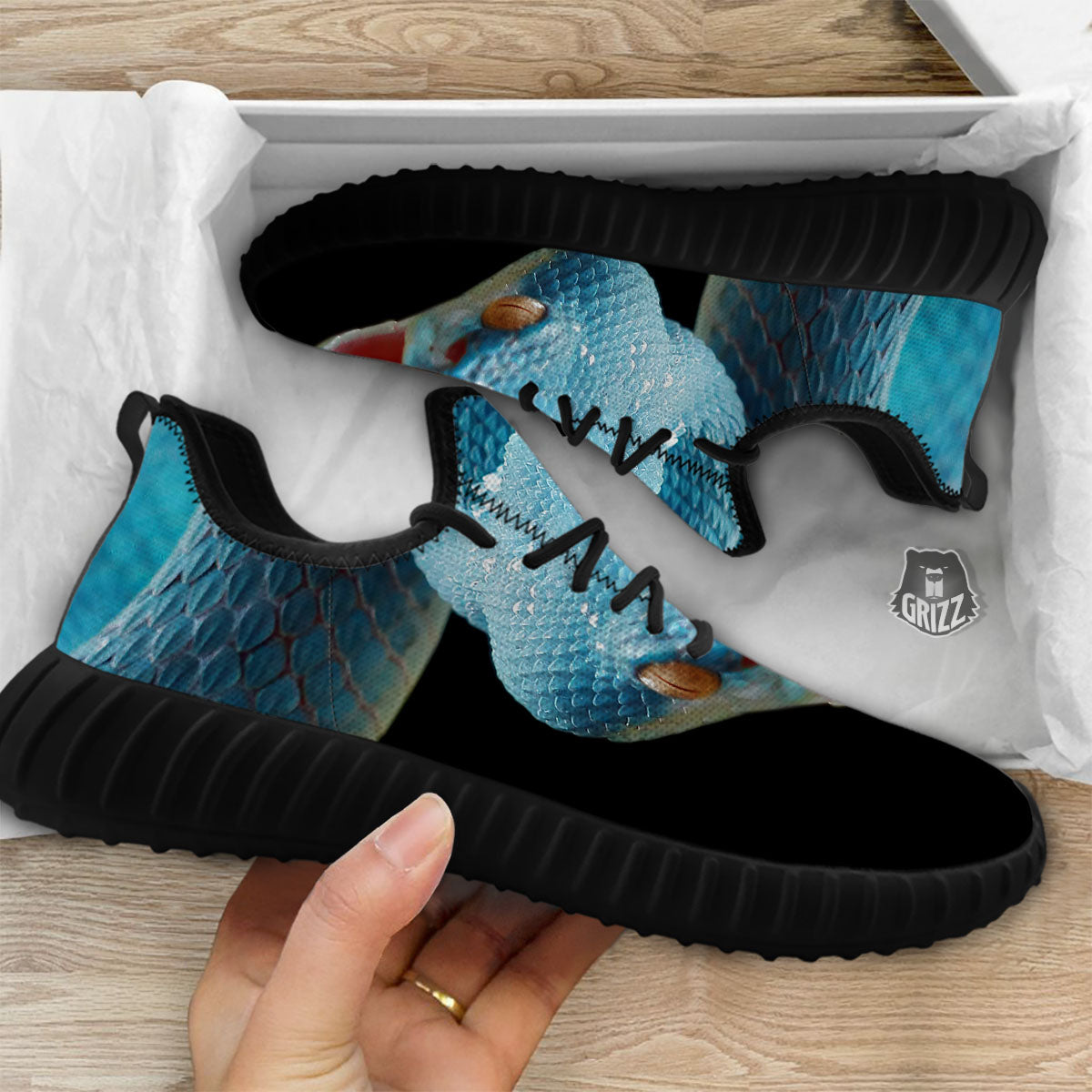 Blue Scary Viper Snake Print Black Walking Shoes-grizzshop