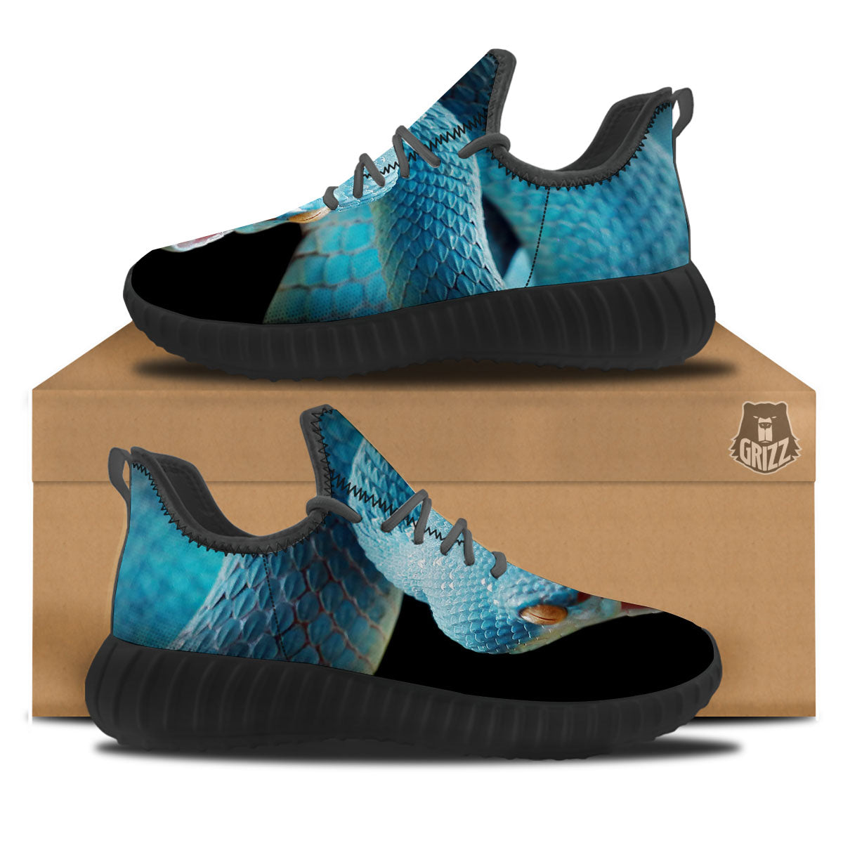 Blue Scary Viper Snake Print Black Walking Shoes-grizzshop
