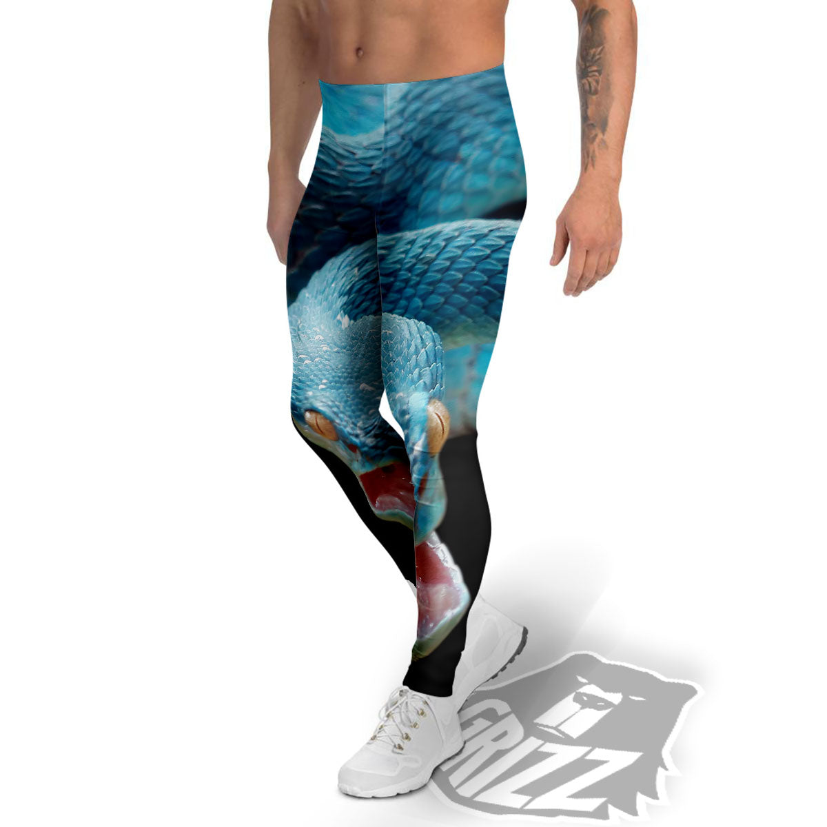 Blue Scary Viper Snake Print Men's Leggings-grizzshop