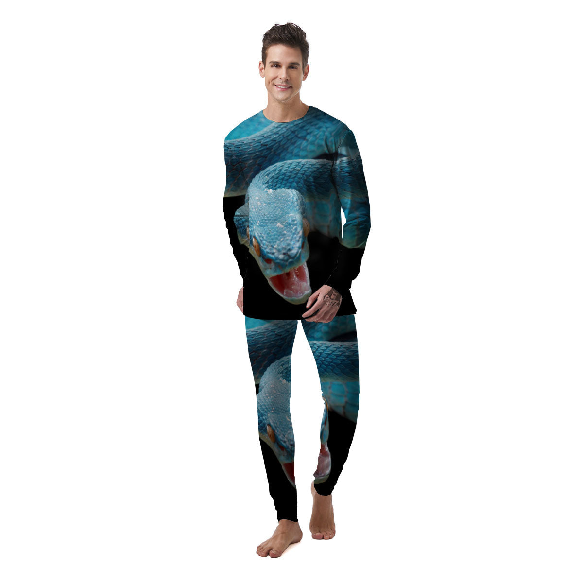 Blue Scary Viper Snake Print Men's Pajamas-grizzshop