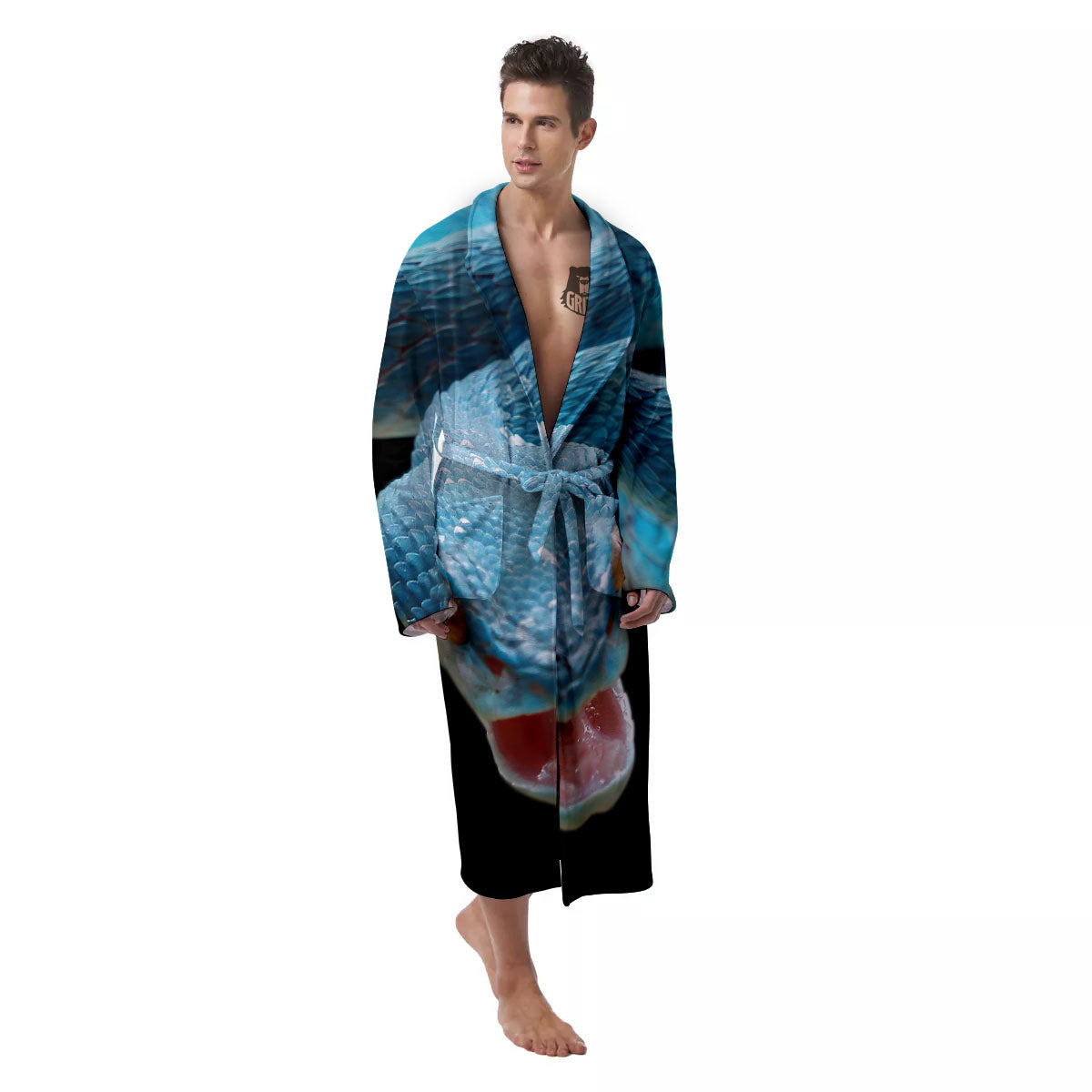 Blue Scary Viper Snake Print Men's Robe-grizzshop